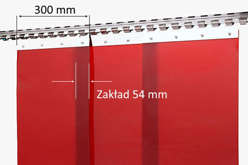 Kurtyna spawalnicza czerwona z zakładem pasów 54mm co odpowiada 36% szerokości pasa